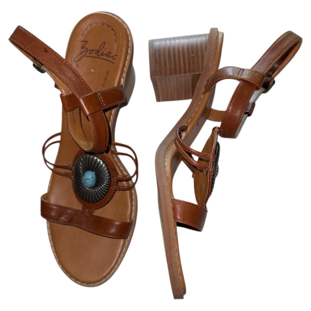 Zodiac Women's Turquoise Medallion Brown Leather Sandals Stacked Heel Size 9.5‎